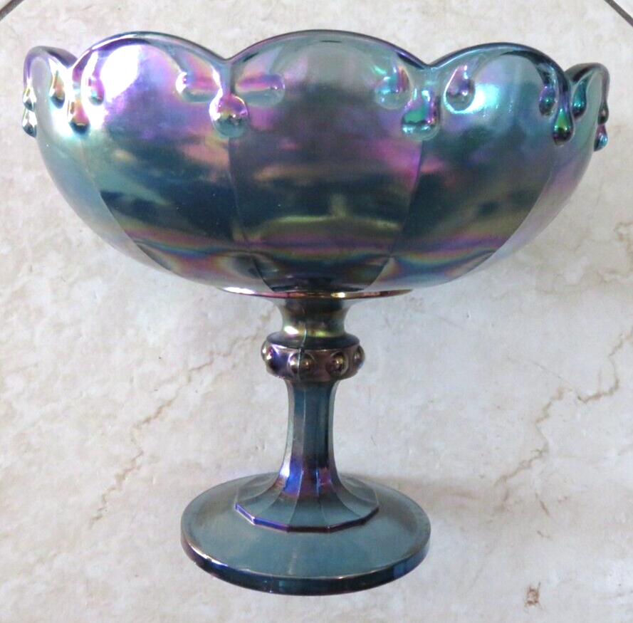 Vintage Blue Iridescent Carnival Glass Pedestal Fruit Bowl Candy Dish Indiana