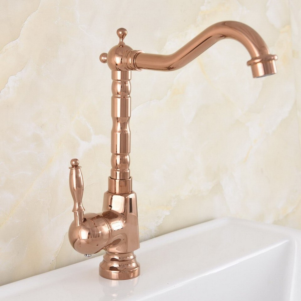 Kitchen Sink Faucet Rose Gold Swivel Spout Single Handle/Hole Tap Deck