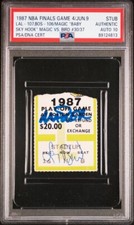 MAGIC JOHNSON ”BABY HOOK” & LARRY BIRD 1987 NBA FINALS GAME 4 TICKET PSA AUTO 10