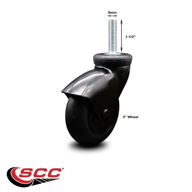 SCC Black Hooded 3” Swivel Neoprene Rubber Caster & 8mm Threaded Stem eBay