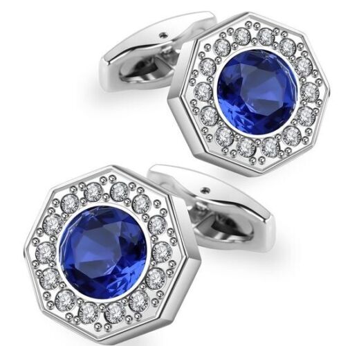 Natural Real Diamond & Sapphire Octagon Cufflinks For Men's In 10K White Gold - 第 1/3 張圖片