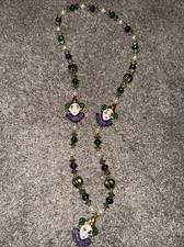 Harlequin Jester Mardi Gras necklace porcelain mask face carnival Purple Green