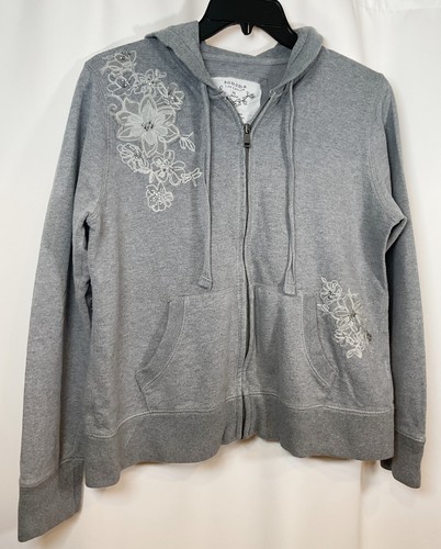 SONOMA Womens Size Petite PS Gray Floral Embroidered Full Zip Hoodie Sweatshirt - Picture 3 of 5