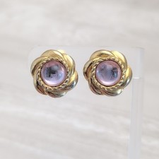 Vintage Clip On Earrings Gold Tone Flower Halo with Pink Cabochon Center