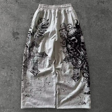 Mens Affliction Style Skull Baggy Wide Leg Pants White Grunge Aesthetic S-2XL