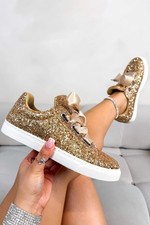 Lemonade Sparkly Glitter Ribbon Lace Trainers Gold