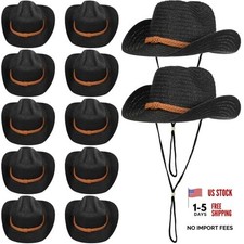 12 Pcs Straw Cowboy Hats for Women Men, Wide Brim Summer Hat Bulk Sun Black