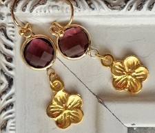 Etched Gold Flowers with Purple Rhinestone Dangle Earrings.
