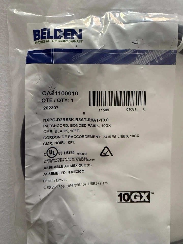 Belden CA21100010 10 FT RJ45 Cat6A Bonded Pair Patchcord ~ 10GX CMR Black  - Image 2 of 2