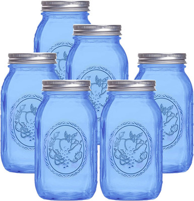 Regular Mouth Mason Jars 32 Oz,6 Pack Blue Glass Colored Canning