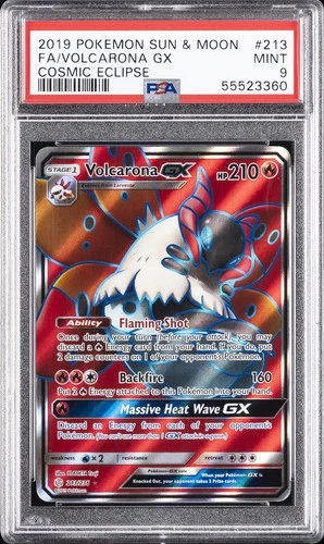 2019 POKEMON SUN & MOON COSMIC ECLIPSE #213 FULL ART/VOLCARONA GX PSA 9