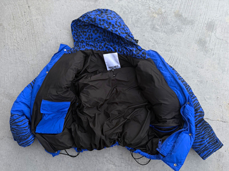 KENZO Women's Blue/Black Animal Print Hooded Full Zip Puffer Jacket L