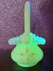 Vintage Fenton Glass Hand-Painted Satin Custard Basket Signed Kay Davis Uranium