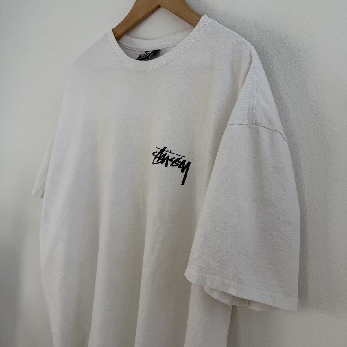 Stüssy White Logo Tee Flame Back Graphic Streetwear T-Shirt Size
