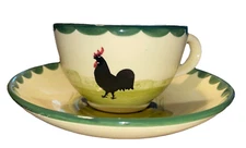 Zell Harmersbach Stoneware Hand Painted Rooster and Hen Teacup and Saucer