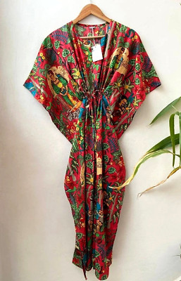 Red Color Farida Kahlo Kaftan For Woman's Skirt Nightwear Long Gown Beach Top