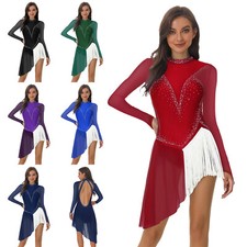 Womens Leotard Roller Bodysuit Fringe Dress Skater Glittery Gymnastics Skirt