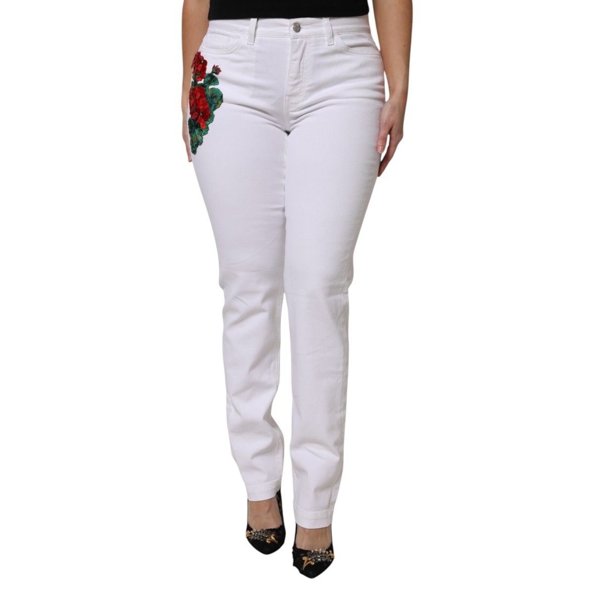 DOLCE & GABBANA Jeans White Floral Sequined GIRLY Denim IT38/US4
