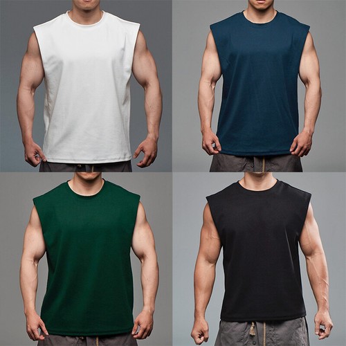 Mens Sleeveless Muscle Tee Cotton Solid Blank Tank T Shirt Hot Summer Gym Top - Picture 6 of 29