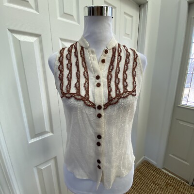 Cache Ivory Silk Gold Lurex Sparkle Hand Crochet Bead Top S NWOT