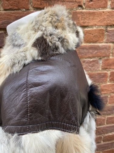 Vintage 70s Cream Brown Beige Rabbit Fur? Leather Coat 10 Big Collar - Picture 10 of 17