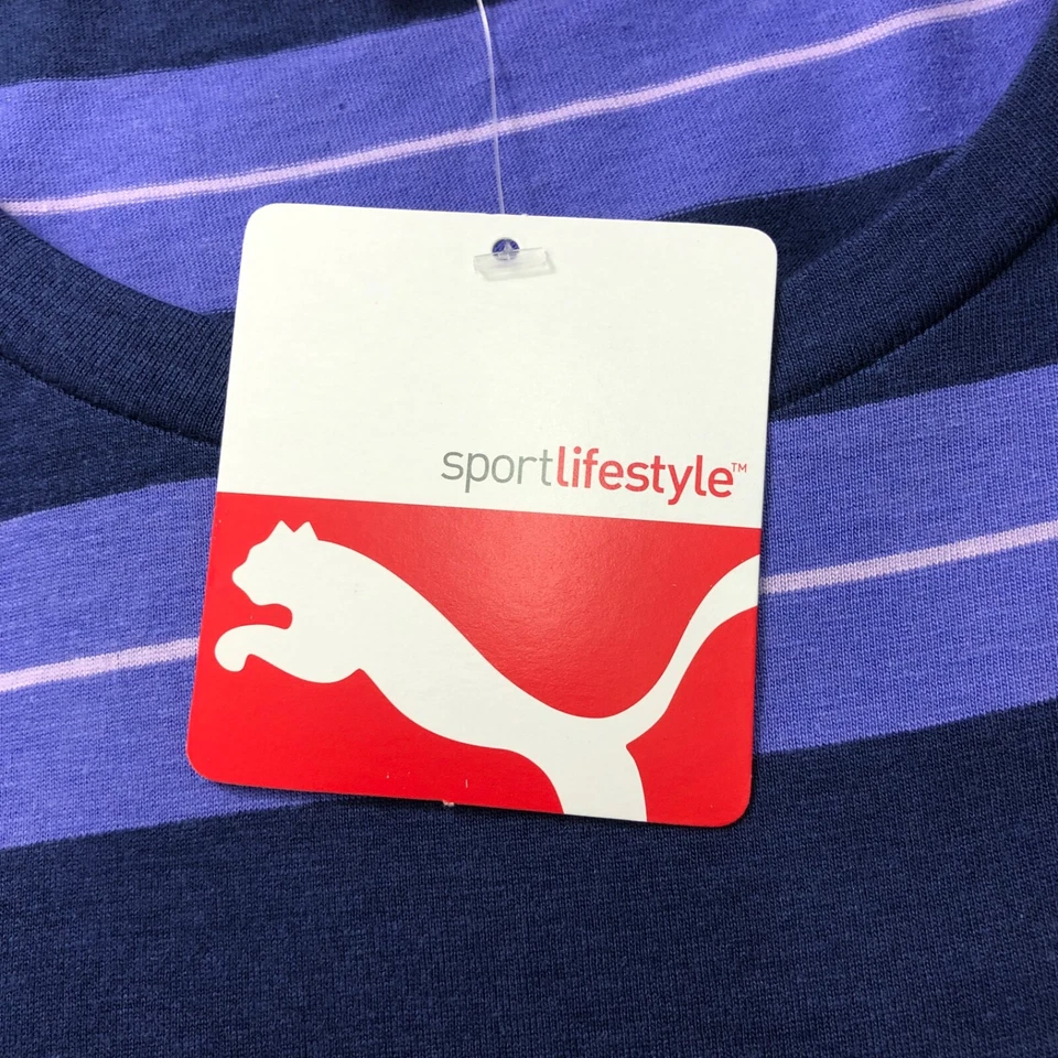 NEW Puma Women's Blue-Violet Storm Stripe Long T-Shirt UK 8 EUR 36 XS Logo - Image 3 of 4