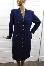 New Escada Vintage Navy Blue Wool Star Accent Long Jacket Coat Sz 44