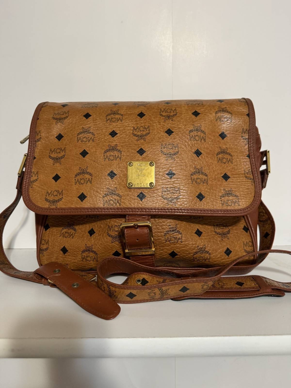 Authentic MCM Visetos Messenger Bag Cognac Monogram Leather Crossbody + Pouch