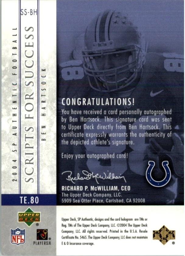 2004 SP Authentic Scripts for Success Autographs #SSBH Ben Hartsock Auto FB - Image 2 of 2