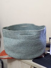 H&M Braided Jute Rope Storage Basket 14in × 8in Open Top Teal & White Two-Tone
