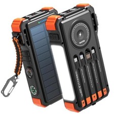 Solar Power Bank 20000mAh Built-in Cables, Wireless Charger for Phones 