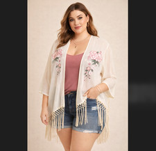 Torrid Kimono 1X 2X Ivory Pink Rose Embroidered Floral Sheer Chiffon Fringe NWT