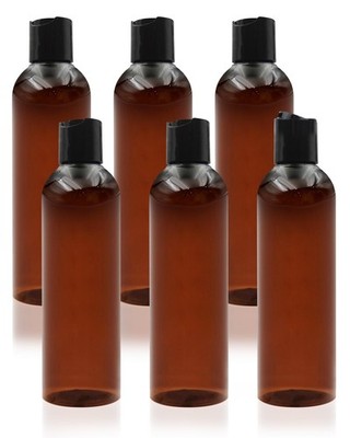 6 Pack 8 oz Amber Plastic Squeeze Bottles with Black Disc Caps Refillable Emp...