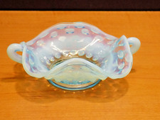Fenton Hobnail Blue Opalescent Glass Handled Bonbon Trinket Dish 5" x 3.5" x 1.5