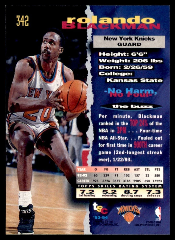1993-94 Stadium Club #342 Rolando Blackman Knicks - Image 2 of 2