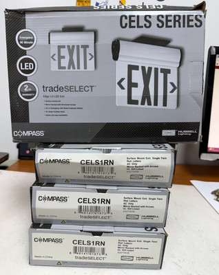  4) NEW HUBBELL LIGHTING / COMPASS EDGE-LIT LED EXIT SIGN CELS1RN LOT OF 4