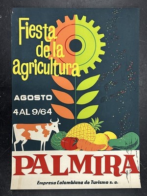Colombia Vintage Poster Tourism Palmira Agricultural Festival 1964 Cow Fruit Art
