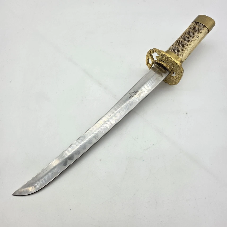 Vintage Decorative Samurai Short Sword w/ Snake Skin Sheath & Brass Fittings 19" - Image 4 of 4