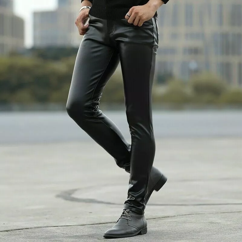 Men's Faux Leather Pants Black Leggings Stretch Wet Look Trousers Slim Fit  Pants