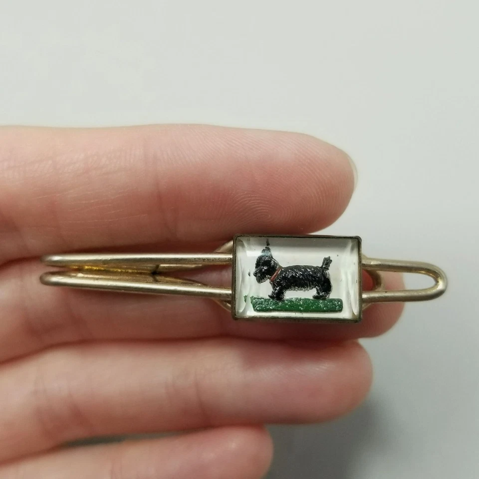 Vintage Black Dog Tie Clip Reverse Painted Molded Glass Scottie Terrier - Image 2 of 4