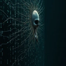 Digital Ghost Skull Art: Matrix Code, Wires, Eerie Tech - Dark Sci-Fi Print