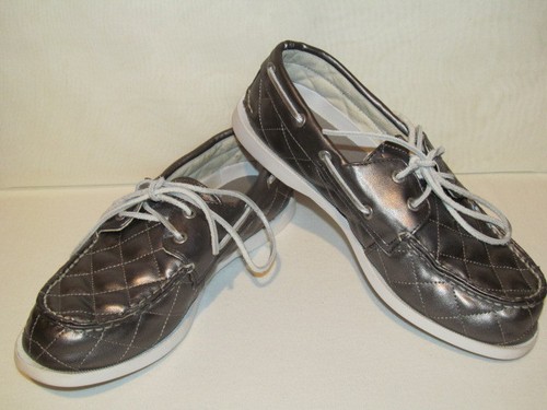 GIRLS YOUTH SPERRY A/O QUILTED SILVER/PEWTER BOAT LOAFERS SHOES SZ 5.5 M - Picture 2 of 9