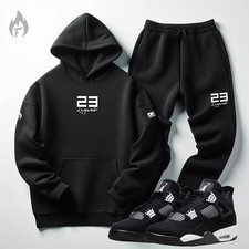 Men's Black White Tracksuit Hoodie Joggers Sweatsuit Matches Jordan 4 Thunder