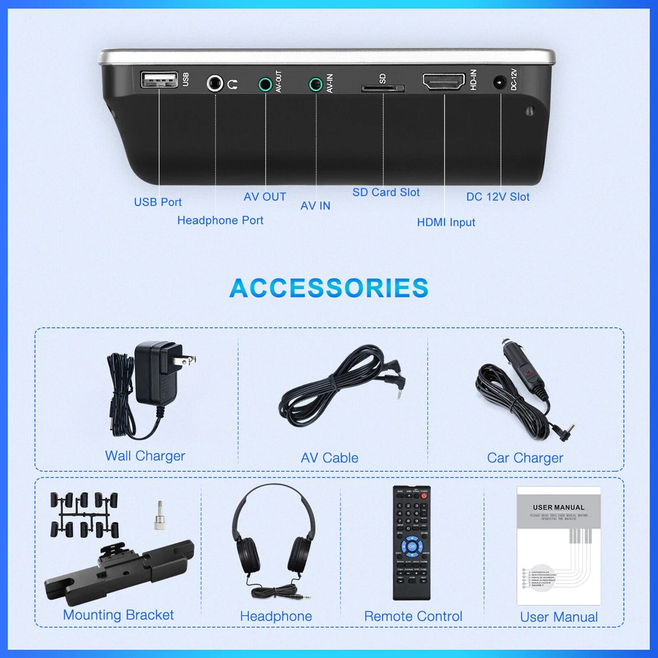 10.1" Full HD Car Headrest DVD Player Monitor for Kids HDMI USB SD MP3 w/Headset - Image 3 of 4