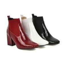 Women's Square Toe Dress High Block Heel Ankle Boots Chelsea Shoes Shiny New