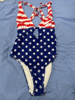 Womens American Flag Swimsuit Piece Bathing Suit L USA Pride