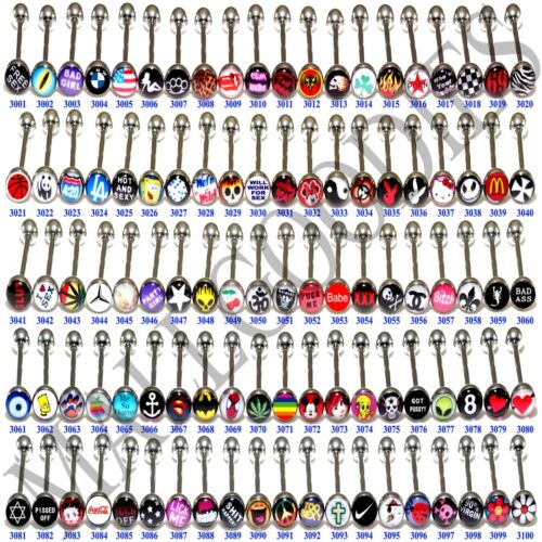 W100 Metal Tongue Rings Steel Bars Barbells Funny Nasty Wording Logo Lot of 30 - Picture 1 of 1