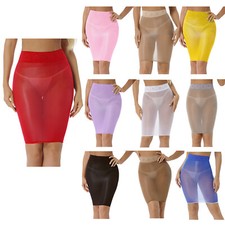 Womens High Waist Bodycon Pencil Skirt Glossy Stretchy Semi See-through Skirts