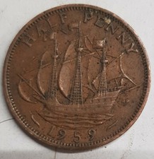 Old Coin 1959 Ship Halfpenny British