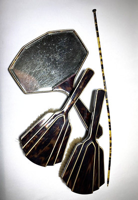 Art Deco 30er Jahre Faux Schildpatt Schminktisch Set Haarbürste Kosmetikspiegel